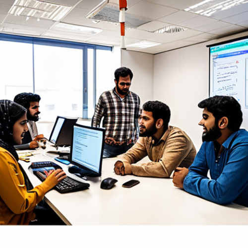 Home 19 **
A diverse group of people collaborating on a software project in a brightly lit, modern office space. Some are coding at their computers, others are discussing ideas on a whiteboard covered in diagrams and Urdu text. The atmosphere is energetic and collaborative. Include elements that symbolize the digital world intertwined with traditional Urdu artistic motifs. The overall mood is of progress, innovation, and inclusivity.
**