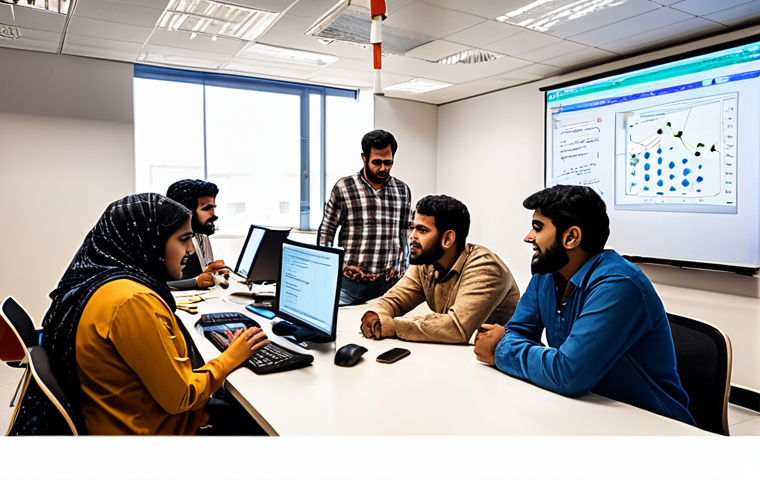 **
A diverse group of people collaborating on a software project in a brightly lit, modern office space. Some are coding at their computers, others are discussing ideas on a whiteboard covered in diagrams and Urdu text. The atmosphere is energetic and collaborative. Include elements that symbolize the digital world intertwined with traditional Urdu artistic motifs. The overall mood is of progress, innovation, and inclusivity.
**