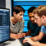 **Image Prompt 1:** A diverse group of people collaborating on a computer code project, emphasizing teamwork, problem-solving, and learning from each other. Open source concept.