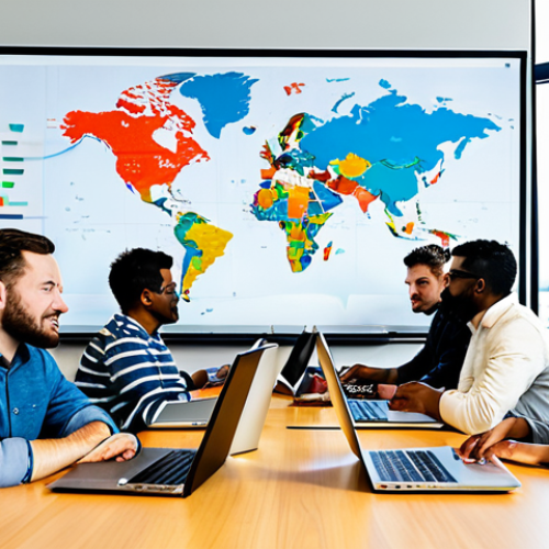 Home 8 A diverse group of professional software developers, men and women of various ethnicities, in modest business casual attire, collaboratively working in a bright, modern open-source office. They are engaged in respectful discussion, coding on laptops, and brainstorming on whiteboards. The background features subtle global map elements with interconnected lines, symbolizing worldwide collaboration. safe for work, appropriate content, fully clothed, professional dress, perfect anatomy, correct proportions, natural pose, well-formed hands, proper finger count, natural body proportions, professional studio photography, high quality, realistic.