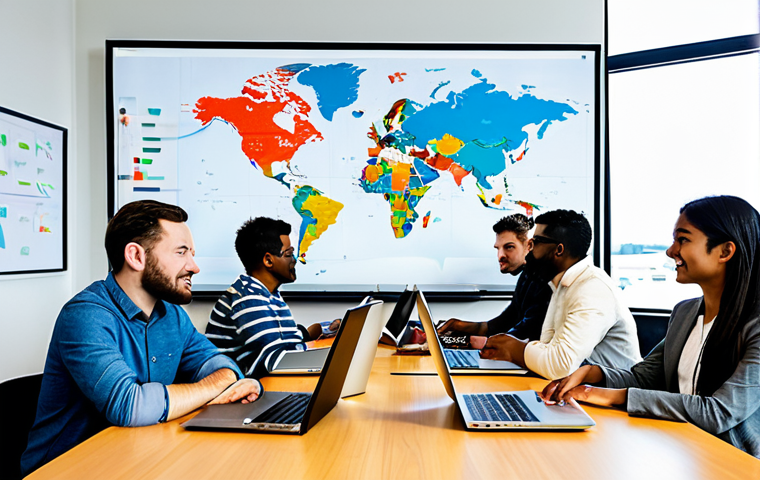 A diverse group of professional software developers, men and women of various ethnicities, in modest business casual attire, collaboratively working in a bright, modern open-source office. They are engaged in respectful discussion, coding on laptops, and brainstorming on whiteboards. The background features subtle global map elements with interconnected lines, symbolizing worldwide collaboration. safe for work, appropriate content, fully clothed, professional dress, perfect anatomy, correct proportions, natural pose, well-formed hands, proper finger count, natural body proportions, professional studio photography, high quality, realistic.