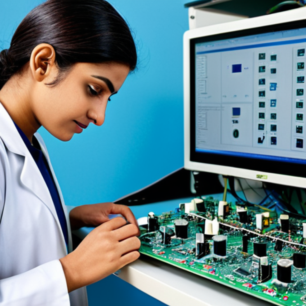 **
"A professional female engineer, fully clothed in modest work attire (such as a shalwar kameez or lab coat), examining a complex circuit board in a modern, well-lit electronics lab. Appropriate content, safe for work, perfect anatomy, natural pose, well-formed hands, proper finger count, natural body proportions, high quality, professional photography."
**