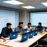 Home 20 오픈소스 기여와 개인 브랜드 구축 - A diverse group of software developers from South Asia collaborating enthusiastically around a large...