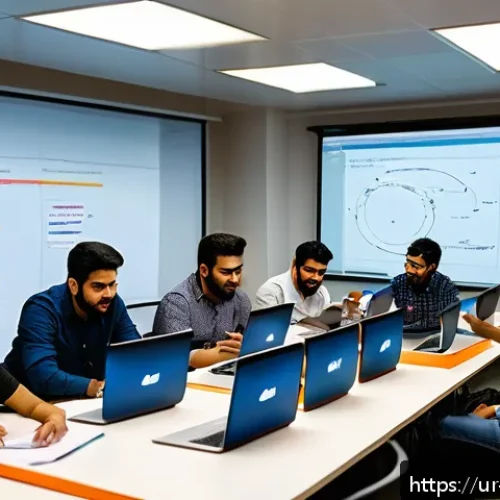 Home 32 오픈소스 기여와 개인 브랜드 구축 - A diverse group of software developers from South Asia collaborating enthusiastically around a large...