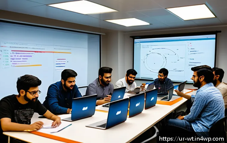 오픈소스 기여와 개인 브랜드 구축 - A diverse group of software developers from South Asia collaborating enthusiastically around a large...